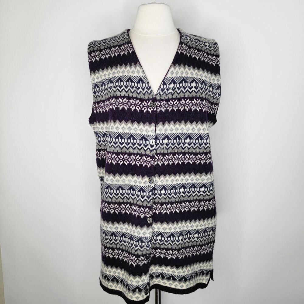 Vintage B.P. Fair Isle Lambs Wool Longline Sweater Vest Size L Sleeveless Nordic
